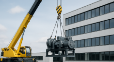 A crane lifting heavy machinery in an industrial setting with a modern building in the background.