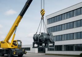 A crane lifting heavy machinery in an industrial setting with a modern building in the background.