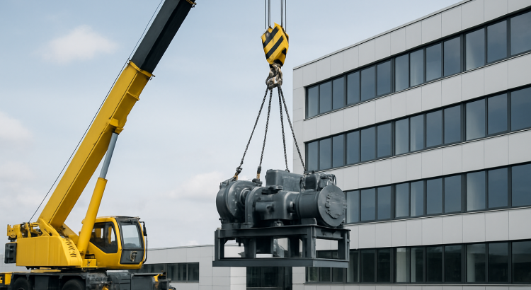 A crane lifting heavy machinery in an industrial setting with a modern building in the background.