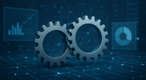 Close-up of two metallic gears with a digital background featuring graphs and data points