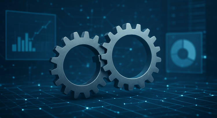 Close-up of two metallic gears with a digital background featuring graphs and data points