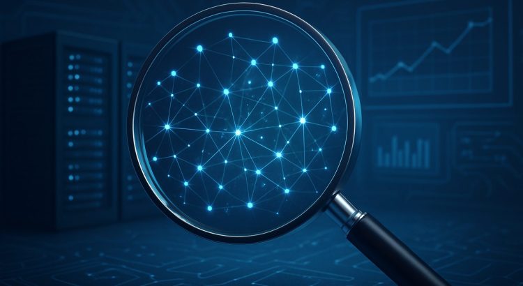 A magnifying glass focusing on a network of interconnected nodes against a dark tech background.