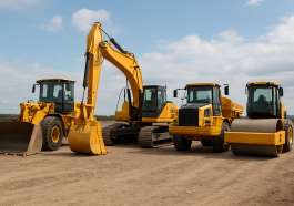 Various construction equipment including excavators and rollers on a dirt surface.