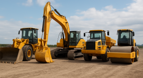 Various construction equipment including excavators and rollers on a dirt surface.
