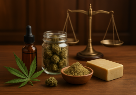 Various cannabis products including a dropper bottle, a jar of buds, and a scale symbolizing legal aspects