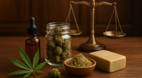Various cannabis products including a dropper bottle, a jar of buds, and a scale symbolizing legal aspects