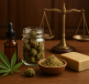 Various cannabis products including a dropper bottle, a jar of buds, and a scale symbolizing legal aspects